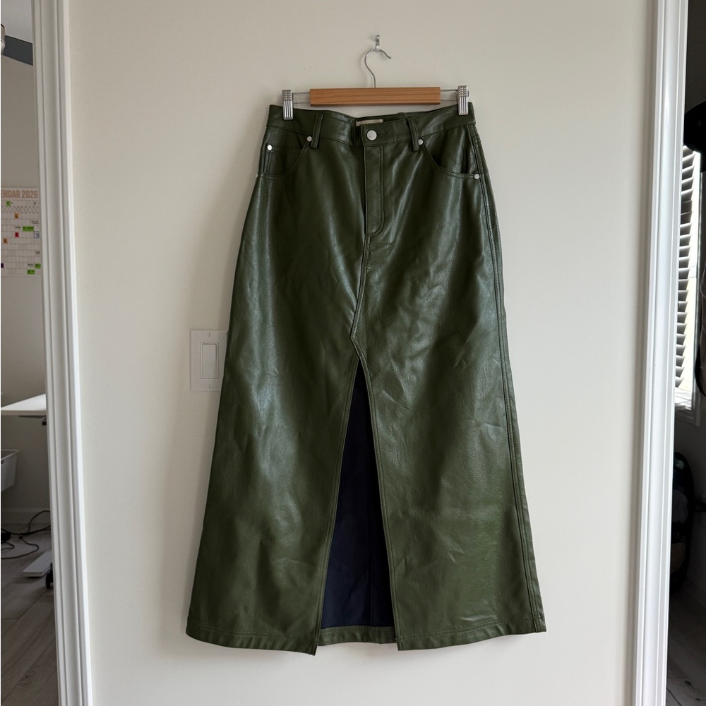 Pilcro Olive Green Faux Leather Skirt with Center Slit